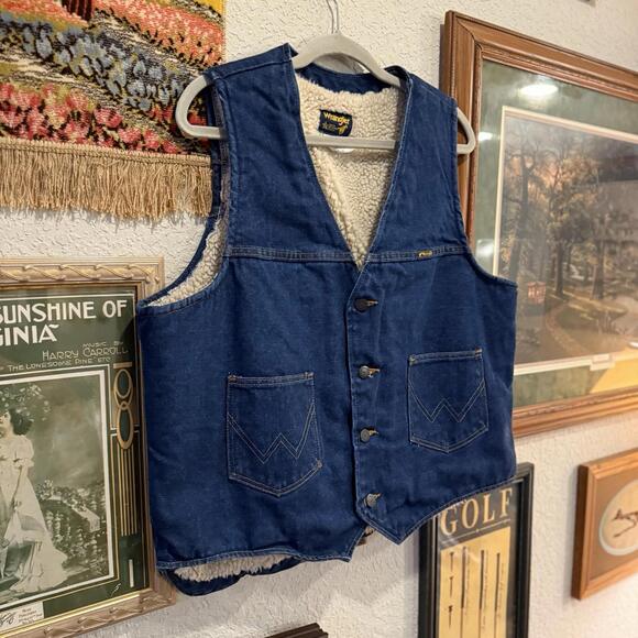 NWOT‎ Vintage 70s Wrangler Vest Western Trucker Sherpa Lined Men's Denim Size XL - Picture 2 of 6